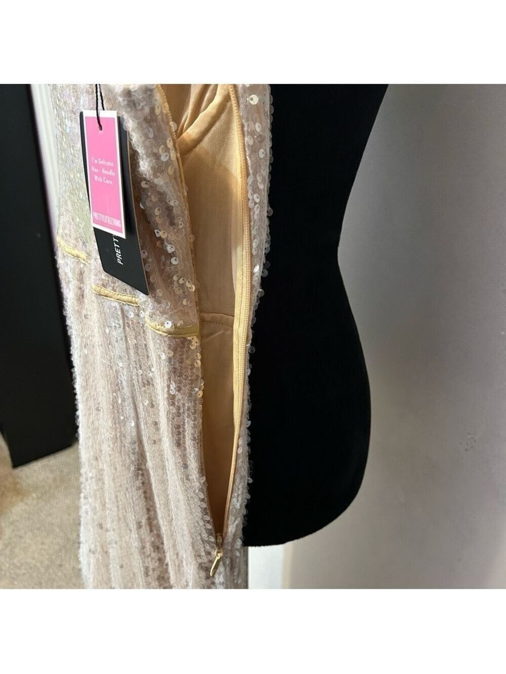 Pretty Little Thing Women’s Sequin Jumpsuit Strappy Binding US 8 Champagne Zip - Picture 10 of 10